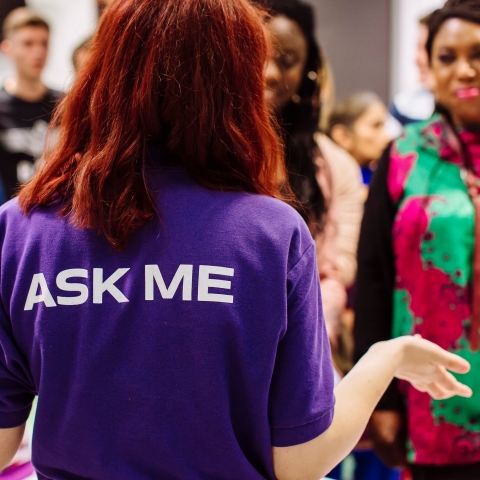 Student ambassador talking to potential students