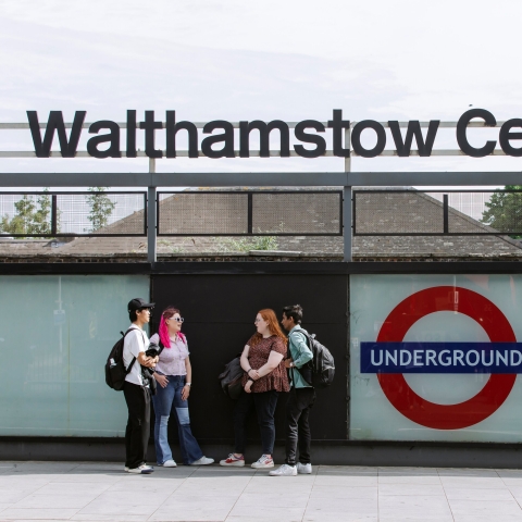 Walthamstow photoshoot - March 2022, Walthamstow Central train station with student chatting outside