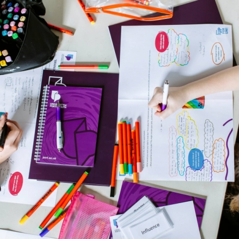 School children working classroom