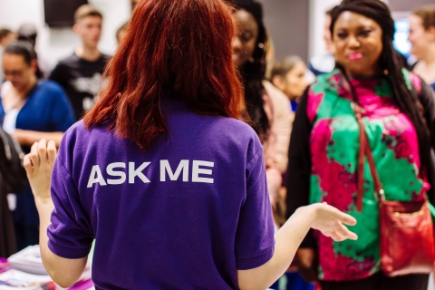 Student ambassador talking to potential students